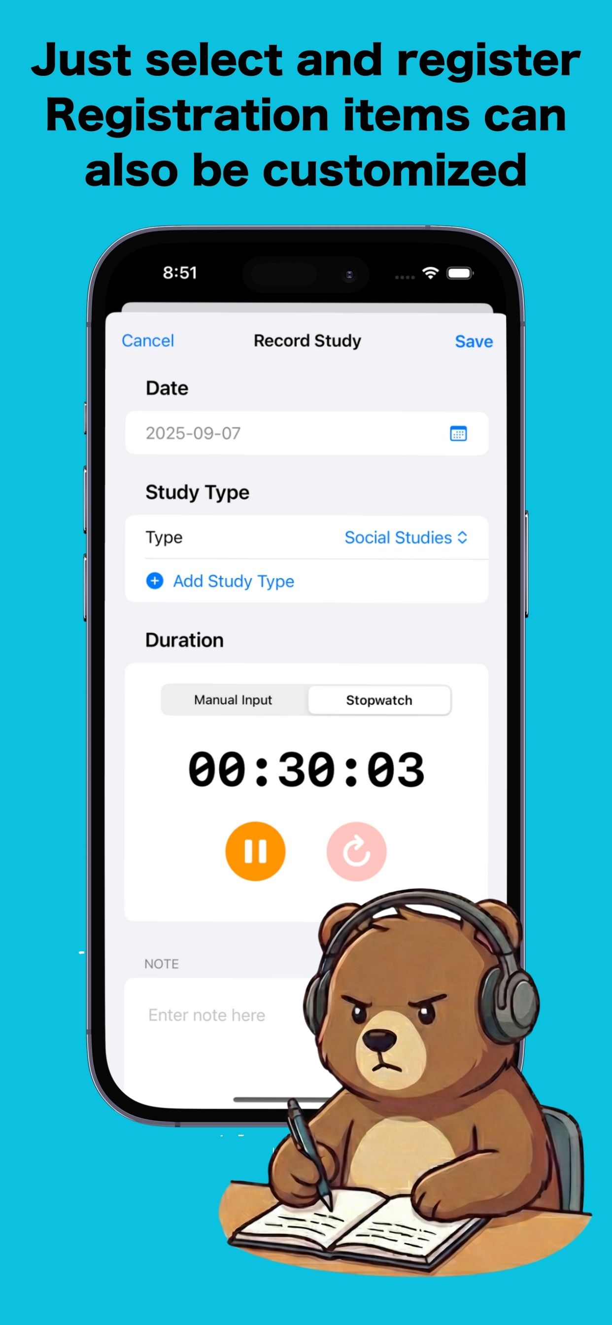 Daily logging screen with quick edit and swipe delete