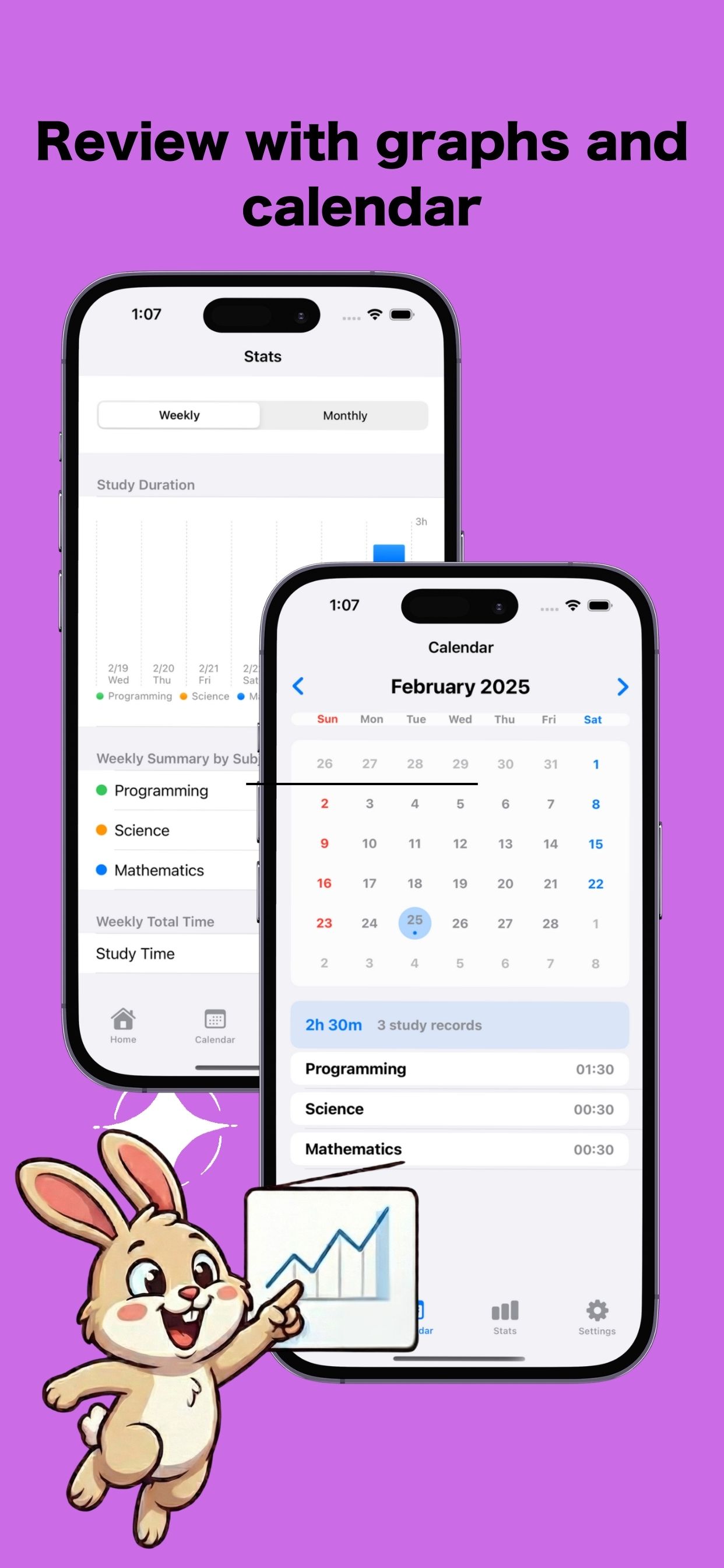 Study registration screen with stopwatch and custom items